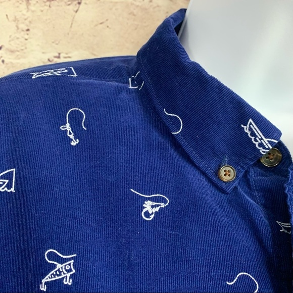 Le 31 Par Simons Blue Fishing Print Corduroy Button Front Shirt - Picture 4 of 12